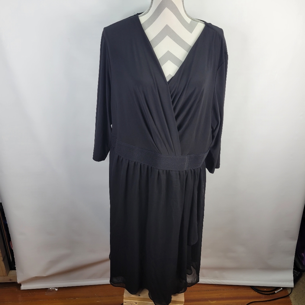 Lane Bryant Black Faux Wrap 3/4 sleeve Side Zip Dress Wide Waist Band Size 26